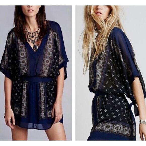 Free People Santa Cruz Kimono Mini Dress Boho Sheer Navy Black XS - Picture 1 of 4